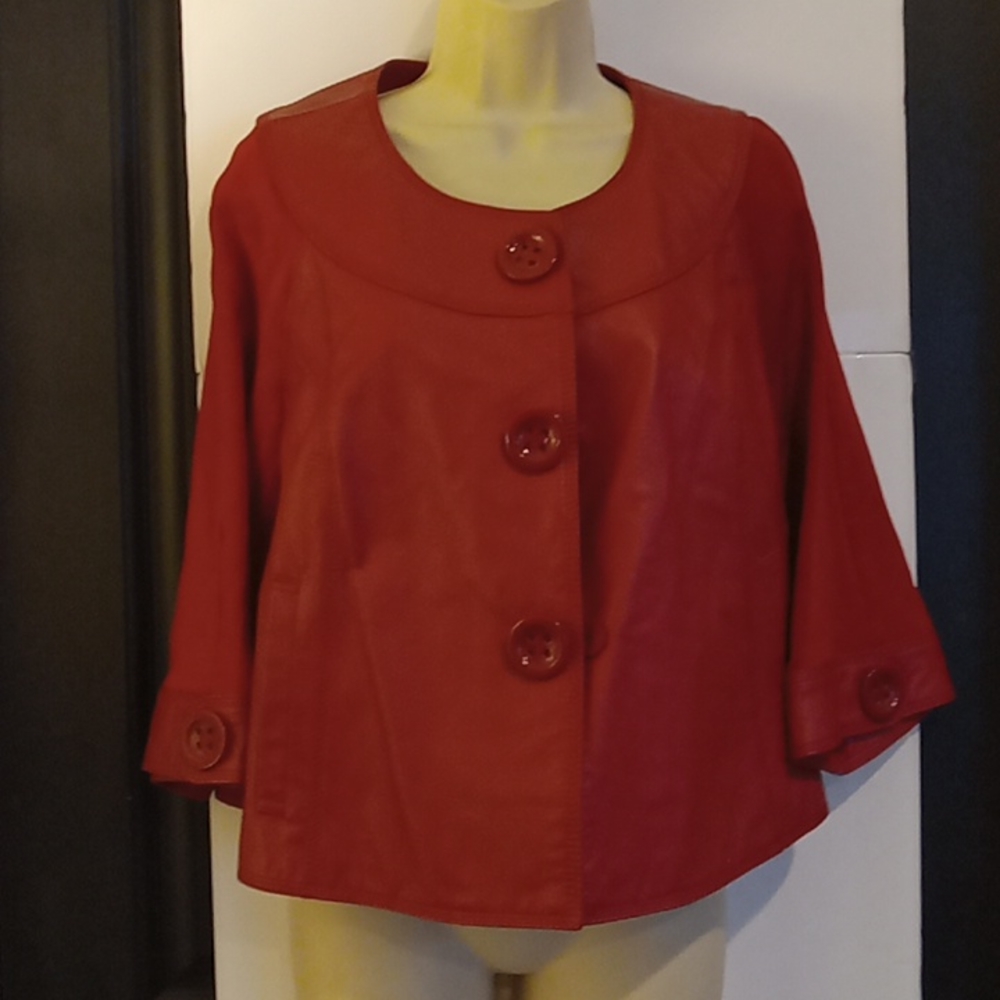 Red leather jacket /knit back, size med (10-12)